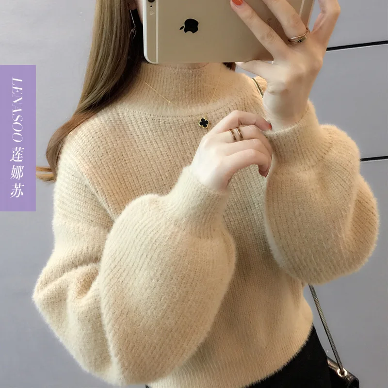 

Winter New Arrival Women Loose Turtleneck Sweater Fashion Lantern Sleeve Sweater Warm Knitted Pullovers