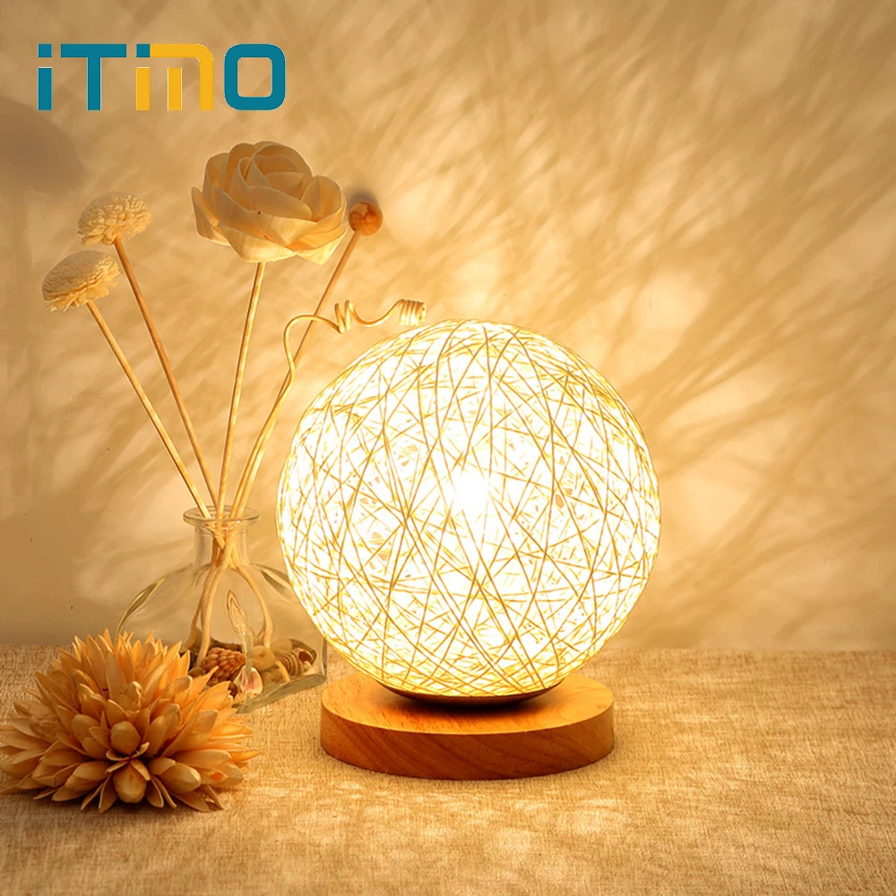 

ITimo US Plug Wood Rattan ball Design LED Night Light For Bedroom Decoration With E27 Bulb Table Desk Lamp