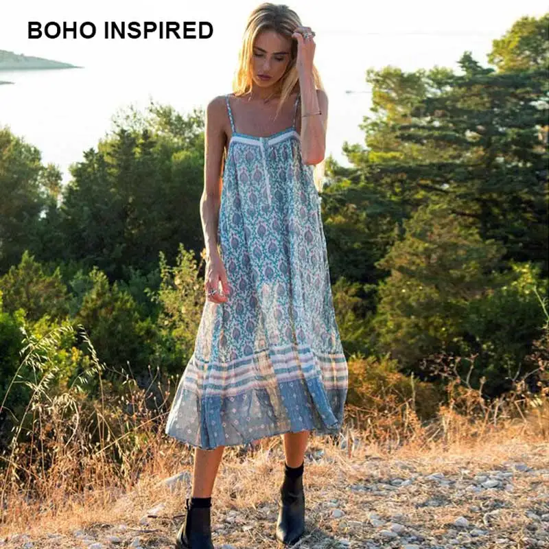 Acheter Boho inspiré robes d été vert imprimé fleuri robe à bretelles femmes bretelles sans manches midi femmes robe hipipe chic vestidos