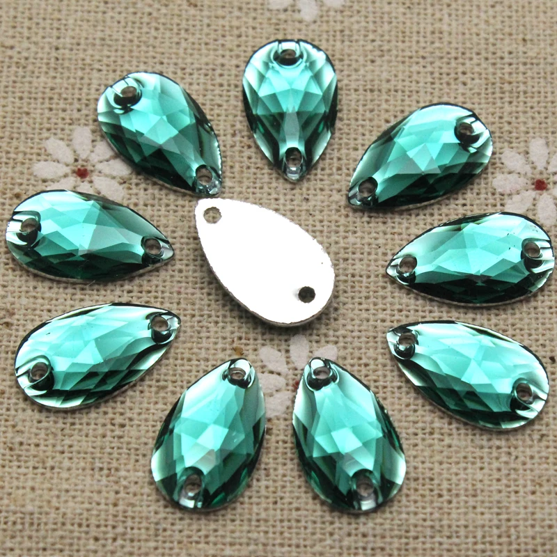 

100pcs 10.5*18mm Sew on Rhinestones Dark green Waterdrop jewelry findings Resin Flatback Sewing Stone 2 holes For Garment Dress