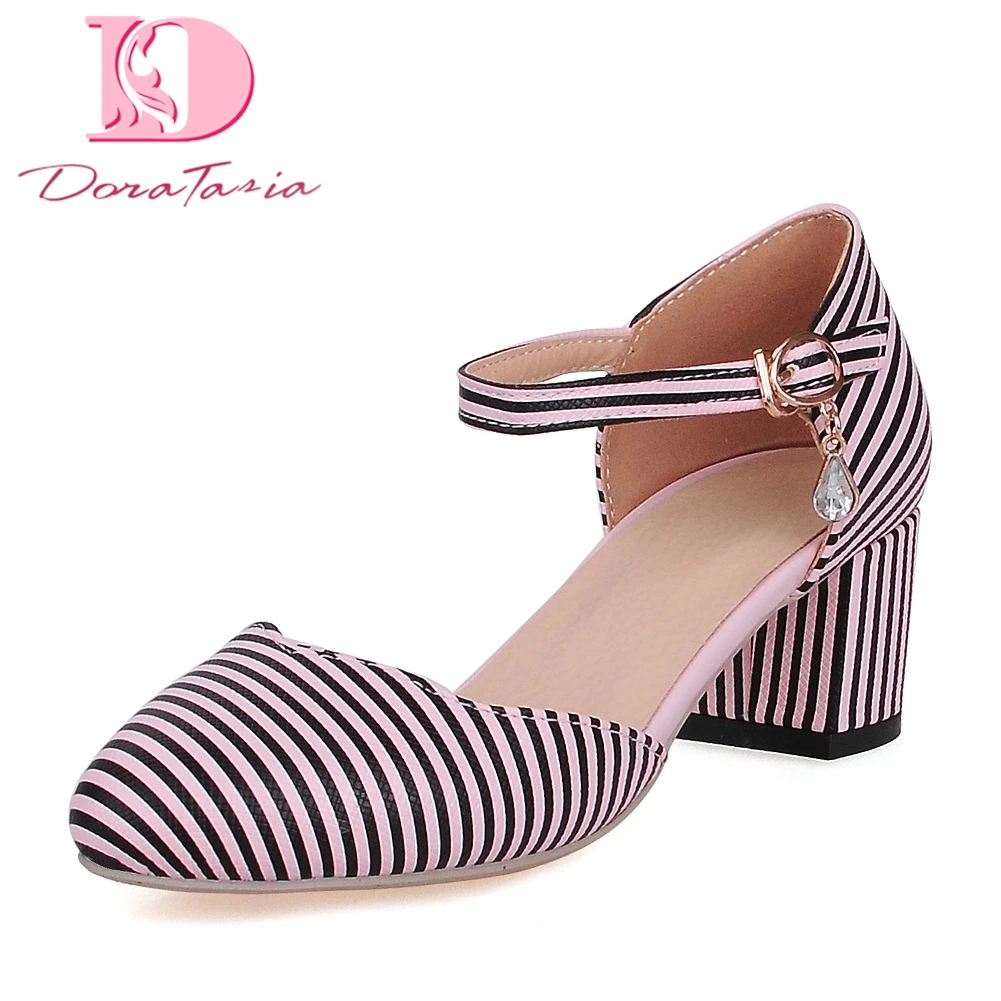 

Elegant Large Size 33-43 Stripe Square High Heels Women Shoes Woman Sweet Lady Leisure Summer ankle-strap Sandals 2019 Shoes