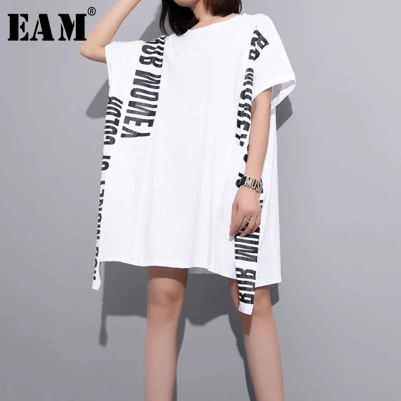 

[EAM]2019 New Spring Summer Round Neck Long Sleeve Black Letter Printed Back Mesh Irregular Big Size T-shirt Women Fashion JQ971