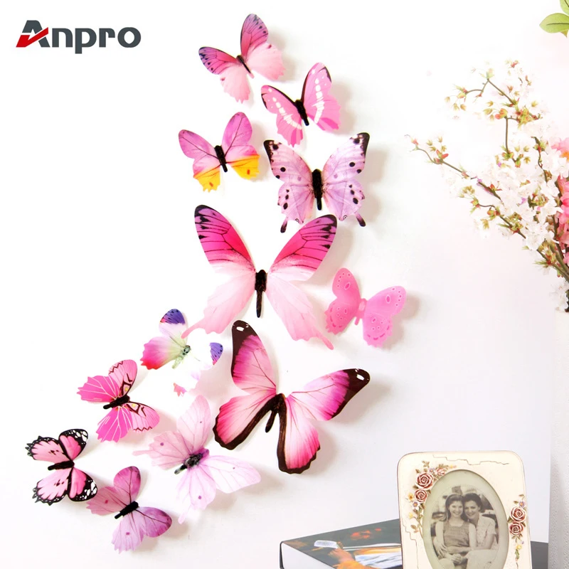

Anpro 12 Pcs/Lot 3D Butterfly Rainbow Wall Stickers Fridge Decal Art Colorful Wallpaper for Living Room TV Background Home Decor