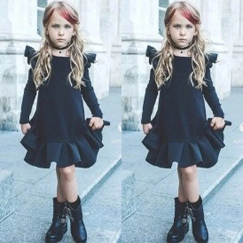 

Trendy Toddler Kids Baby Girls clothes long Sleeve Ruffle Princess solid newborn cotton casual Party Mini Dresses one pieces