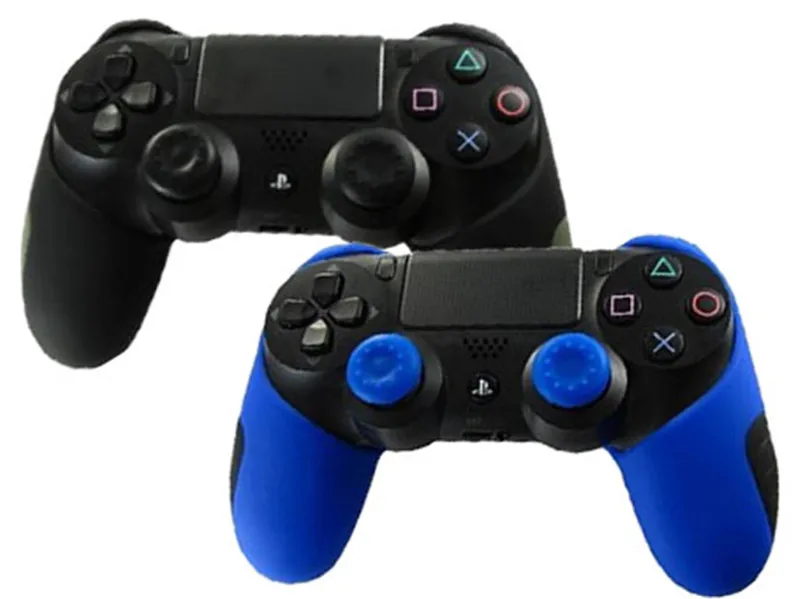 Тонкий мягкий силиконовый резиновый чехол-накладка для sony Play Station 4 PS4 DS4 Pro(чехол X 2+ ручки для большого пальца X 4 - Цвет: Black and Blue