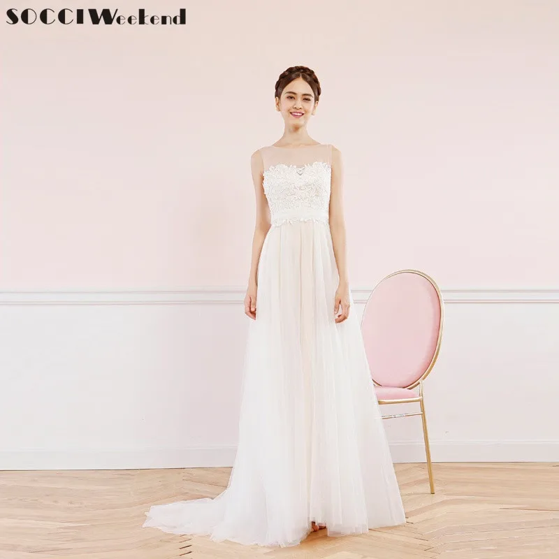 SOCCI Weekend Sexy Beach Wedding  Dress  2019  Boat Neck Lace 