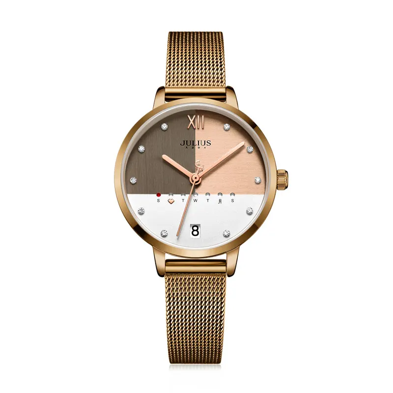 Julius часы из нержавеющей стали с сетчатым ремешком элегантные женские Бизнес часы с календарем день розовое золото многоцветный циферблат часы JA-1100 - Цвет: Кофе