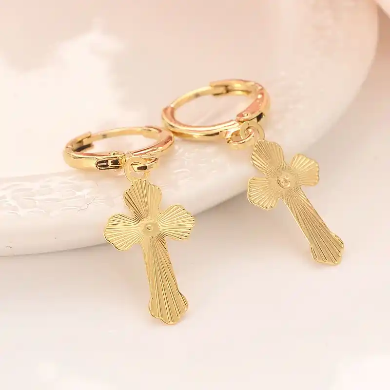 Wide Quality 9ct Gold Gf Sleeper Hoop Dangle Earring With Cross Earrings New Religion Christianity Drop Earrings Aliexpress