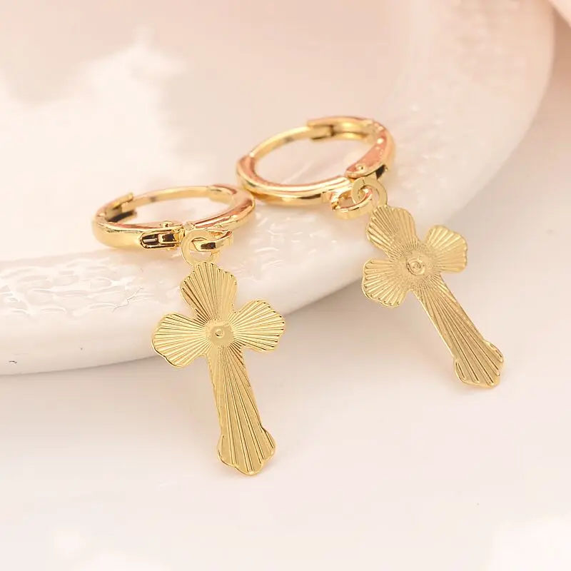 

Wide Quality 9ct Gold GF Sleeper Hoop Dangle Earring with Cross / Earrings NEW Religion Christianity