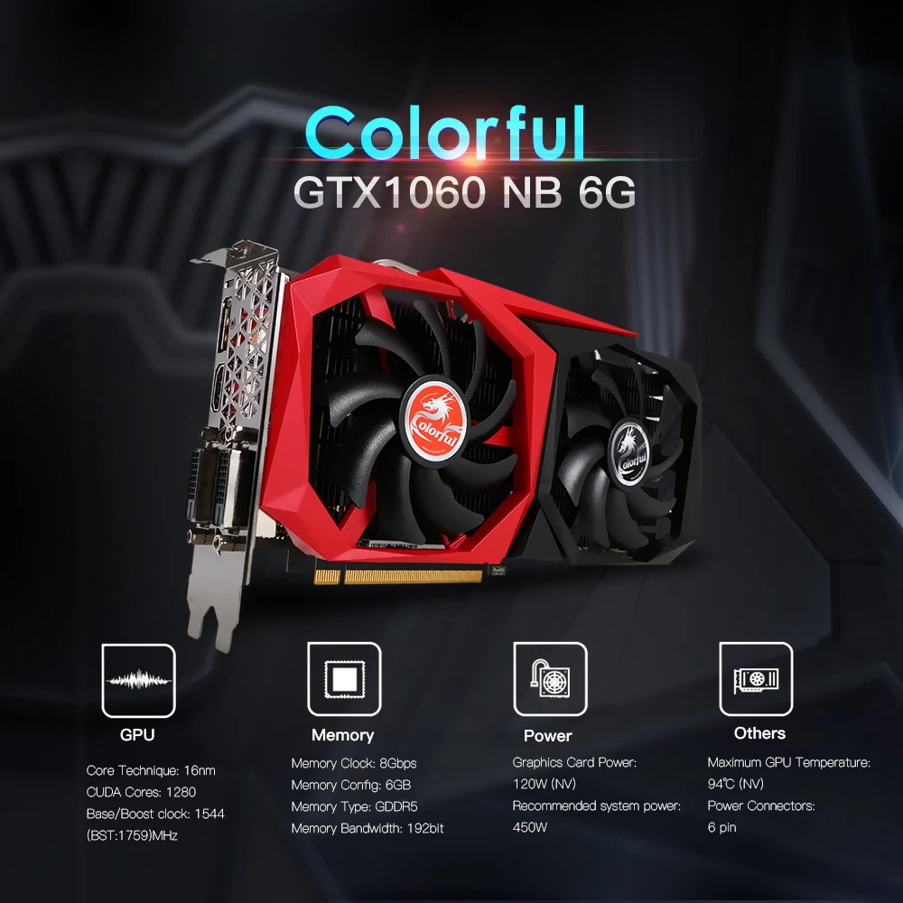 Colorful GTX1060 GTX 1060 NB 6G Graphics Card 1544/1759MHz GDDR5 6GB ...