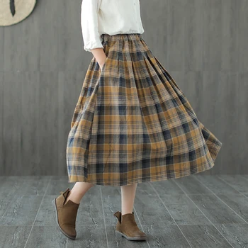 

Vintage England plaid Elastic waist A-Line skirt mori girl