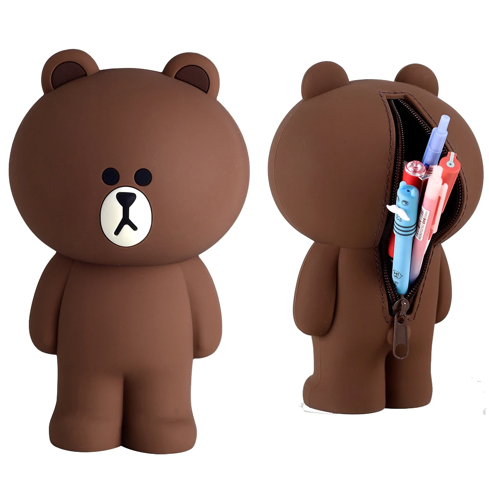 

Creative 3D Brown Bear Pencil Case Eraser Holders Silcon Girls Boys Makeup Jewelry Storage Bag Students Stationery Box Toy Gifts