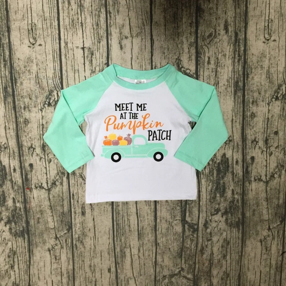 

thanksgiving baby boys boutique top t-shirts clothes meet me in pumpkin long sleeve cotton top children raglans mint ruffles new