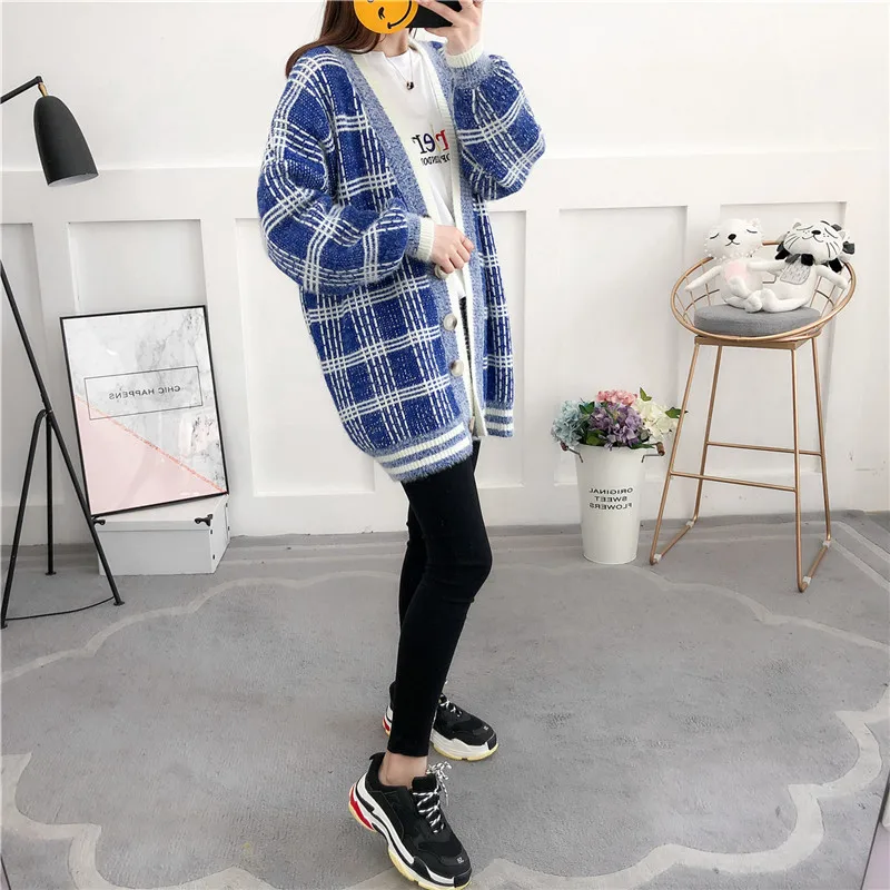 New Autumn Winter Women Sweater Casual Loose Knitted Outerwear Long sleeves Plaid Cardigan For Lady Office Casual V Neck