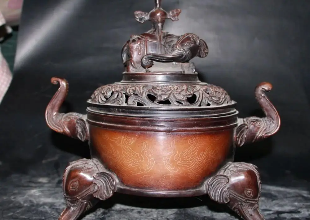 

12" China Purple Bronze Elephant Foot Handle Phoenix Bird Incense Burner Censer