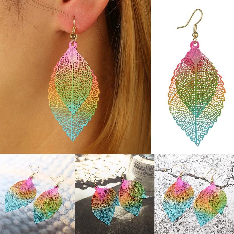 

Ethnic Rainbow Leaves Dangle Earrings Simple Double Size Leaves Earrings For Woman Girls Romantic Gifts