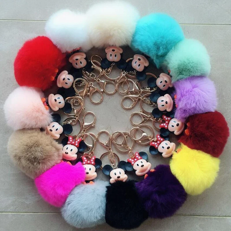 

Rex Rabbit Fur Pom Pom Fluffy Keychain Mickey Minnie Doll Key Chains Holder Women Bag Charm Keyring Pendant