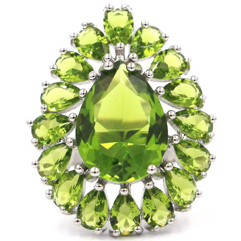 

9.25#SheCrown Drop Shape Green Peridot Woman's Party Silver Ring 31x25mm