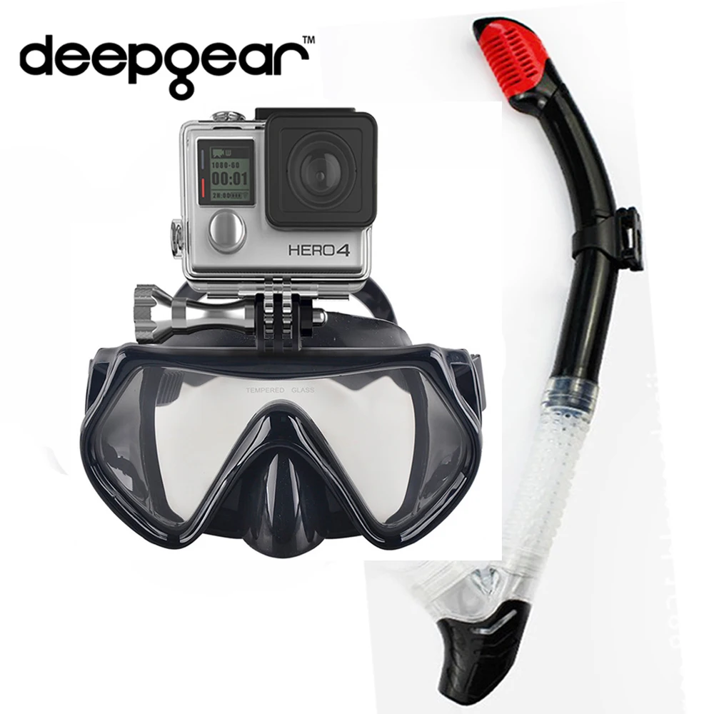 

DEEPGEAR CAMERA SCUBA DIVING MASK SNORKEL SET Black silicon scuba mask with dry snorkel One window tempered scuba mask to Gopro