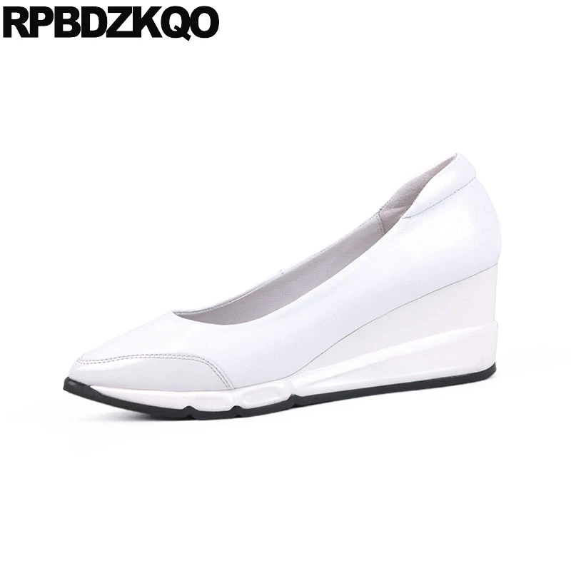 

2018 Medium Heels Fashion Genuine Leather Customized Pointed Toe Size 33 Designer Office Wedge Shoes Ladies 4 34 White Nude