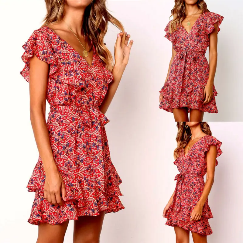 

Women Summer Boho Short Mini Dress Evening Cocktail Party Beach Dresses Sundress