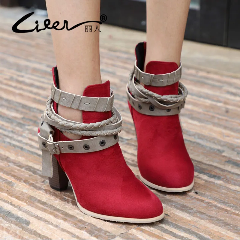 

Liren Fashion Women Boots Spring Autumn High Square Heels Shoes for Female Rivet Buckle Daily Shoes PU Leather Ankle Boots