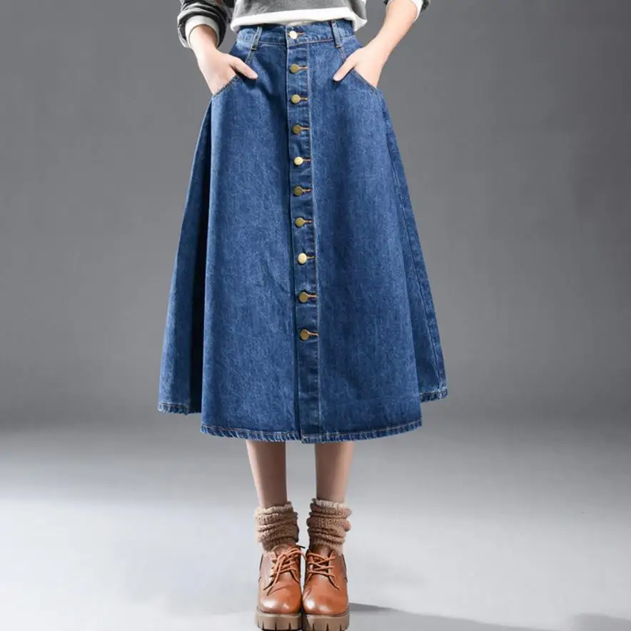 new Denim Long Skirts Largas Skirts 7xl button Womens Fashion Jeans