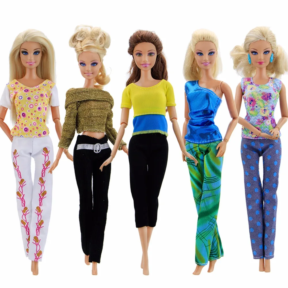 

5 Pcs Fashion Outfits Mixed Style Summer Casual Wear Blouse Pants Trousers Party Dress Up Clothes For Barbie Doll Accessories