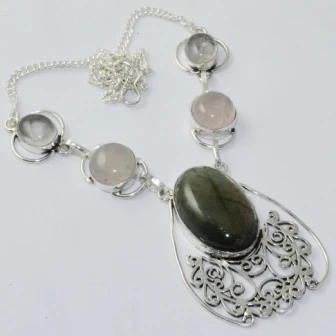 

Labradorite & Rose Quarts Necklace Silver Overlay over Copper, 44.3 cm, N1885