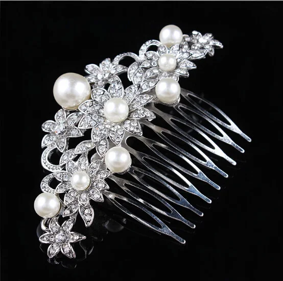 

SLBRIDAL Art Deco Silver Clear Rhinestones Crystals Pearls Leaves Wedding Hair Comb Bridal Hair Accessories Hair Jewelry Women