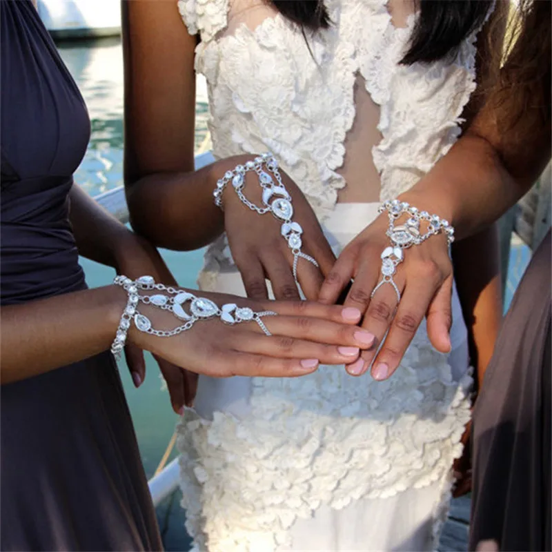 

Vintage Trendy Water drop Full Crystal Wriststrap Bracelet Bangles With Slave Chain Link For Women Party Wedding Jewelry Punk