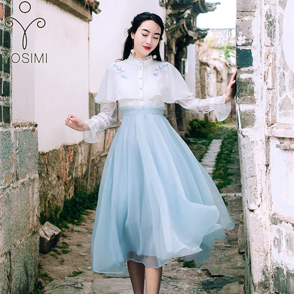 

YOSIMI 2018 Summer Maxi White Patchwork Blue Chiffon Vintage Voile Long Women Dress Mid-calf Full Sleeve Chinese Style Vestidos