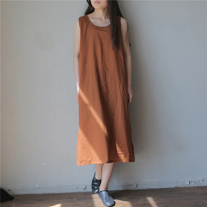 

Johnature 2019 Summer 5 Colors Vintage Loose Dress Women Sleeveless Solid Color O-neck Thin Simple Render Comfortable Dress New
