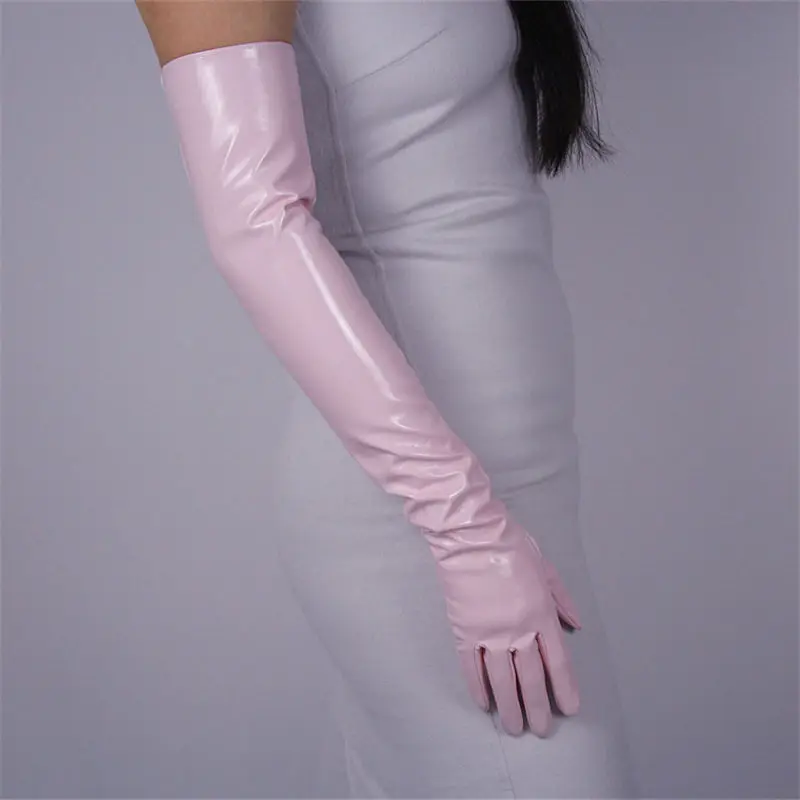 Patent Leather Long Gloves Female Super Long PU Simulation Leather Bright Leather Mirror Treasure Blue 60cm Woman Gloves P57