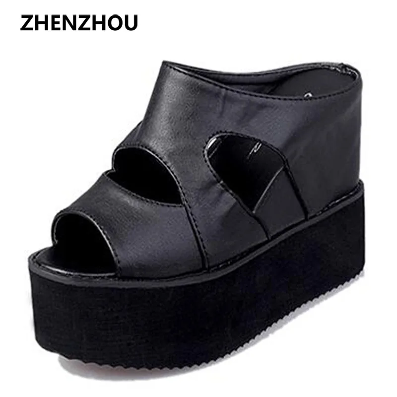 Free shipping 2017 Summer leisure platform sandals black increased with wedges slippery fish mouth foam slippers