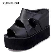 Free shipping 2017 Summer leisure platform sandals black increased with wedges slippery fish mouth foam slippers