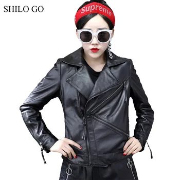 

SHILO GO Leather Jacket Womens Spring Fashion sheepskin genuine leather coat lapel collar zipper black slim locomotive jacket
