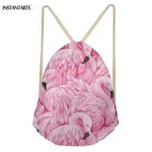 INSTANTARTS Cute Cartoon 3D Animal Flamingos Printing Woman Drawstring Bags Fashion Beach Backpacks Casual Softback Bags Pink