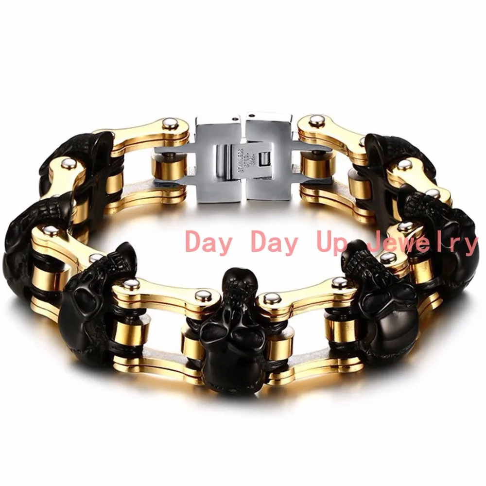 

9"*16mm 138g Huge Heavy Jewelry 316L Stainless Steel Gold Black Skull Motorcycle Bike Bicycle Chain Mens Boys Bracelet Bangle