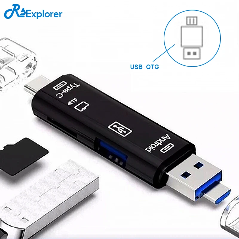 RSExplorer type-C 5-в-1 OTG кардридер высокая скорость USB 2,0 считывание карт памяти TF адаптер и USB женский интерфейс для ПК