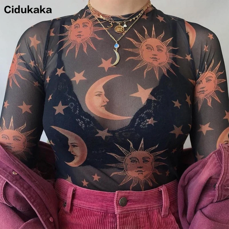 

Cidukaka Women Top Fashion Long Sleeve Sexy Mesh Star Moon Sun Print Ladies O Neck Perspective Tops Streetwear Punk Tshirt