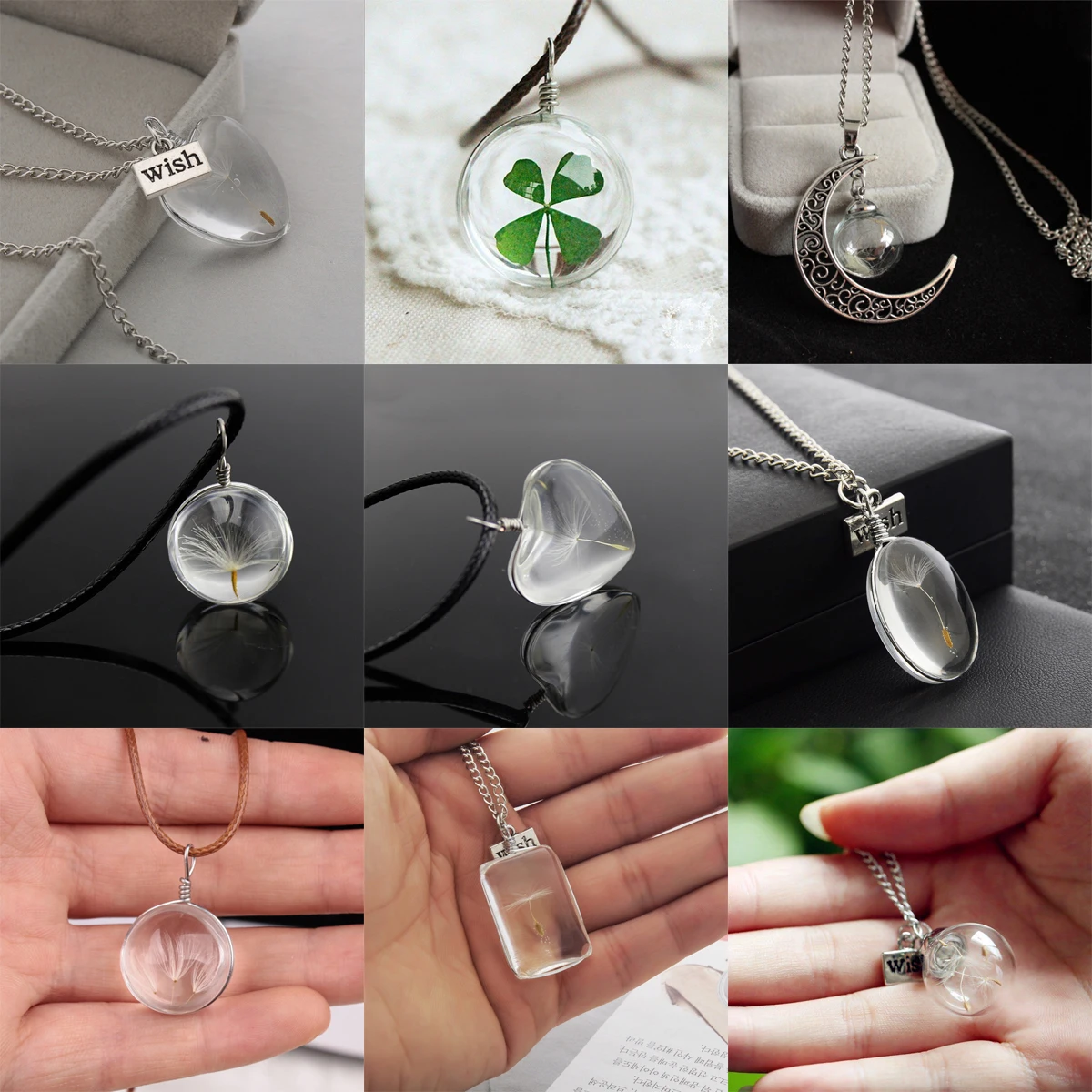 

Bespmosp Clover Heart Oval Water Drop Rectangle Moon Real Dandelion Seeds Wish Glass Pendant Necklace Chain Women Girls Jewelry