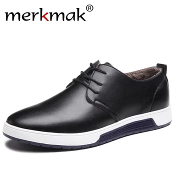 

Merkmak Winter Casual Shoes Warm Fur Leather Mens Flat Shoes for Man Brand Leisure Waterproof Driver Fashion Sneakers Footwear