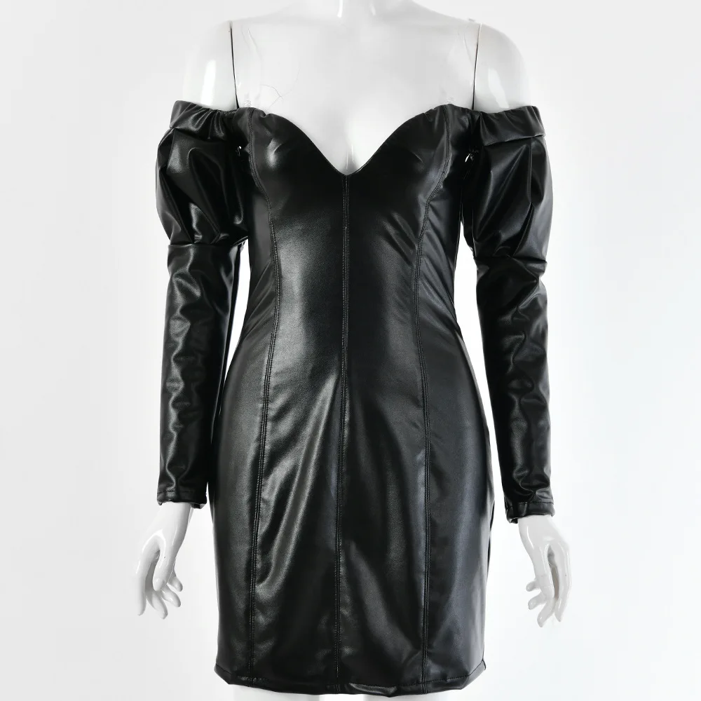 BKLD модное черное облегающее платье из искусственной кожи осеннее женское сексуальное мини-платье с открытыми плечами и длинным рукавом Вечерние Клубные платья с открытой спиной - Цвет: black