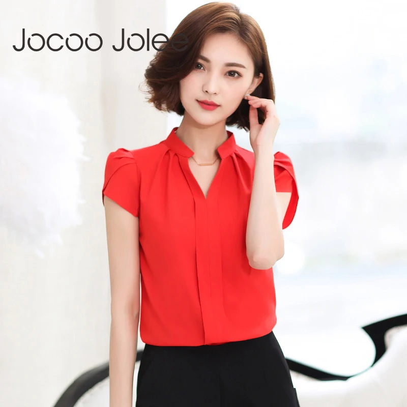 

Jocoo Jolee Women Shirt Chiffon Blouse Short Sleeve Elegant Ladies Formal Office Blouse Korean Style Tops Plus Size Blusas