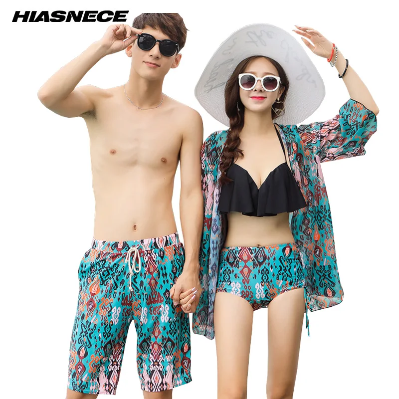 

High Waist Bikini Set with Cover Up and Man's beach trunks Lover's sexy Printed beachwear bathing suit 2018 new Couples Swimwear