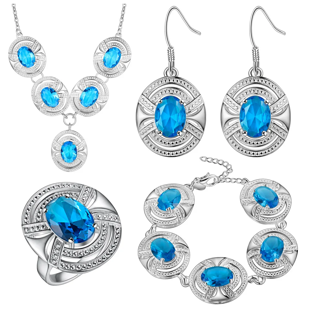 925 Sterling Silver Sea blue Jewelry Sets Silver Bracelets/Drop