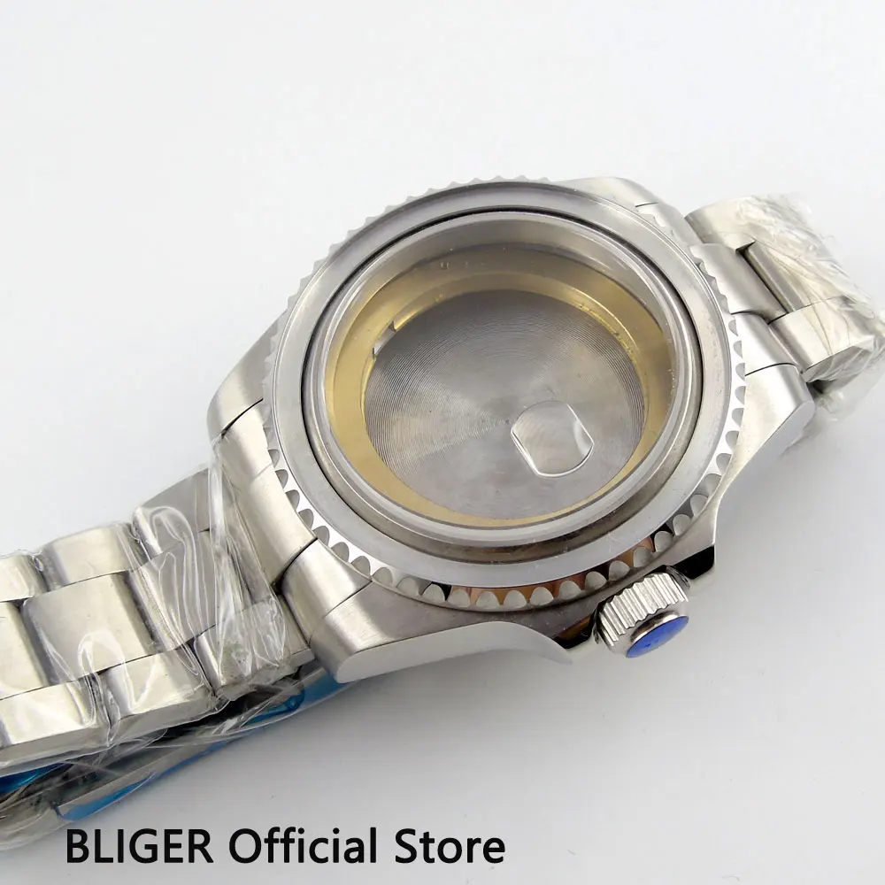 Solid 43MM Stainless Steel Watch Case Sapphire Crystal Date Magnifier