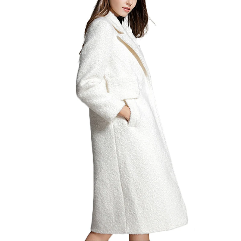2018 Winter Lamb's White Wool Coat Turn-down Collar Office Lady Vintage Warm Winter Long Woolen Coat Coat Female Coats