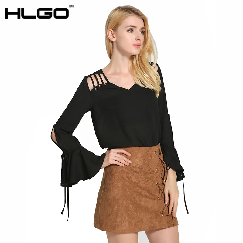 2017 Весенняя мода элегантный v-образным вырезом блузка рубашка сплошной цвет Flare с